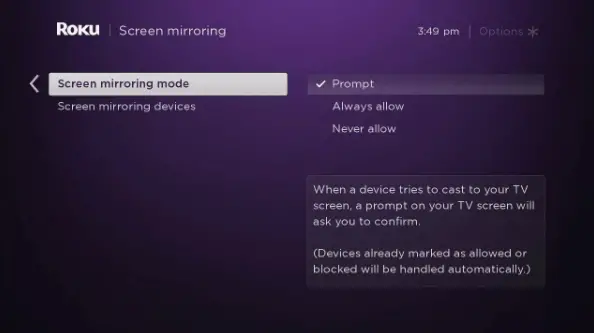 Select the Screen Mirroring mode option