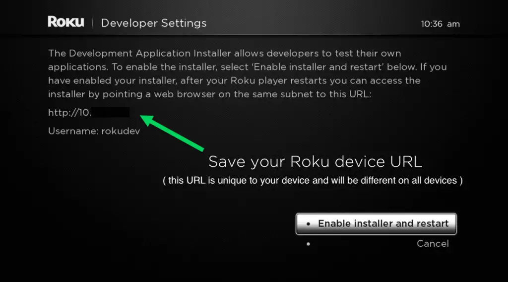 Roku Developer settings