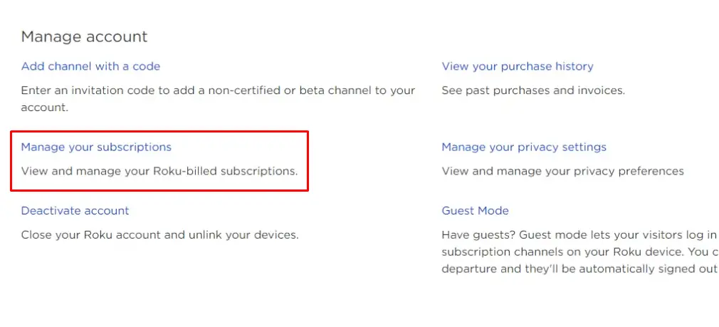 Click Manage your subscriptions - Cancel CBS All Access on Roku