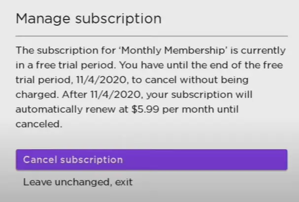 Select Cancel Subscription to cancel SHOWTIME on Roku