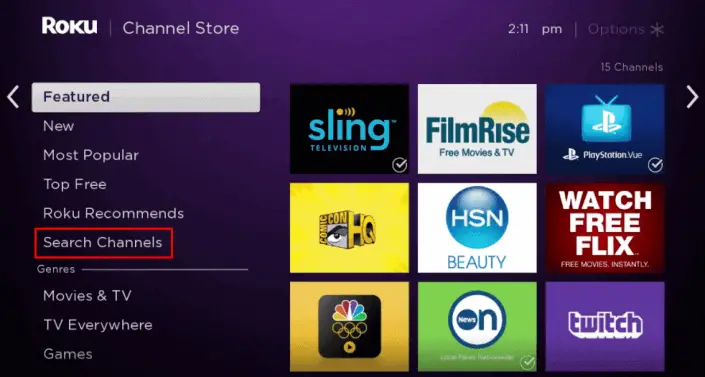 Click on Search Channels and install Vevo on Roku