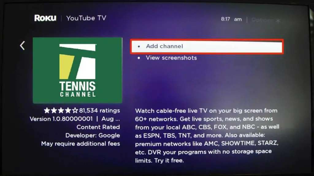 click add channel - Tennis Channel on Roku