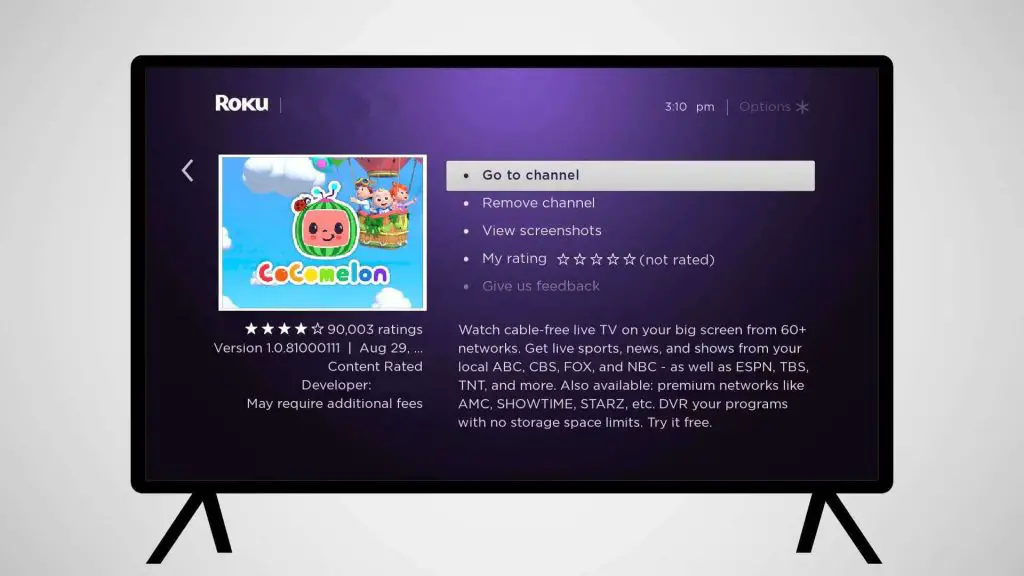 click Go to channel - CoComelon on Roku