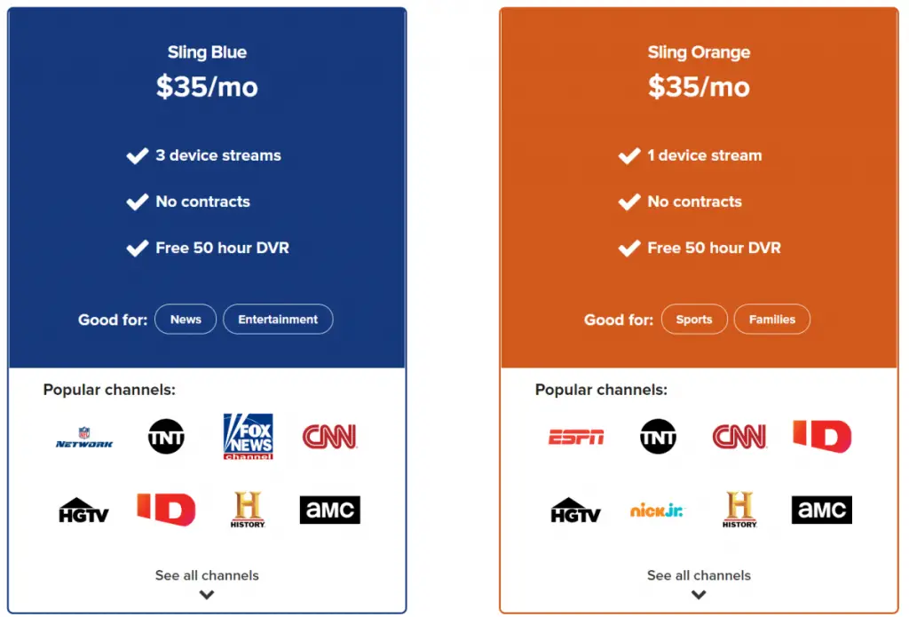 sling tv plans to watch content