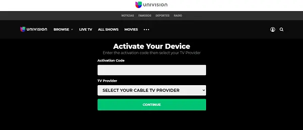 Univision sign-in page to choose TVprovider