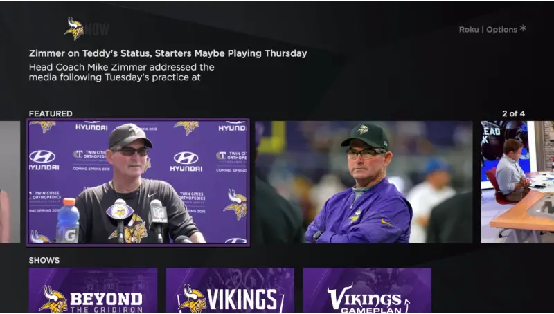 Minnesota Vikings game app home page on Roku