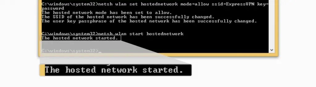 hosted network started message on command prompt