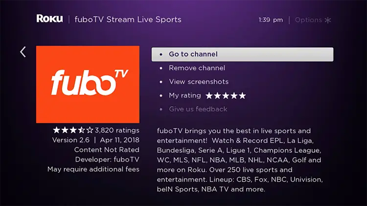fuboTV remove channel option on Roku