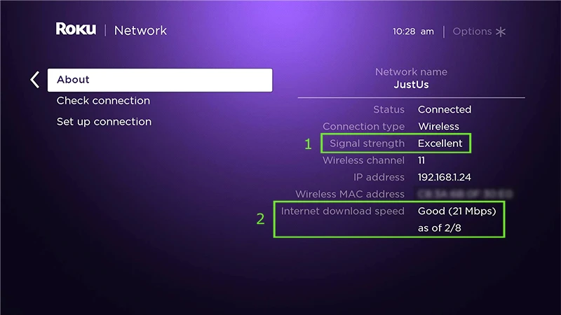 Network settings page on Roku - Roku internet speed