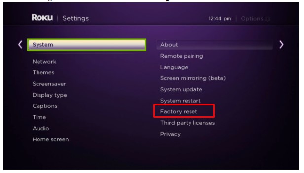 Factory reset option on Roku system settings