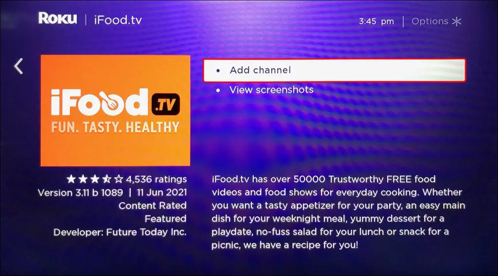 iFood.tv Add channel option on Roku