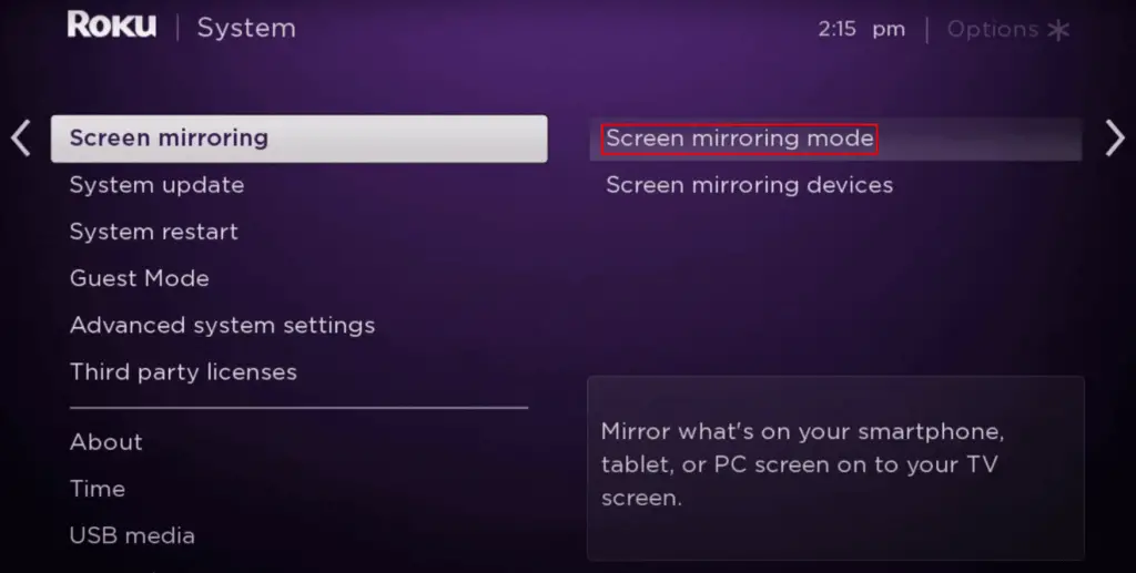 Select Screen mirroring and choose Screen mirroring mode to watch Cobra kai on Roku