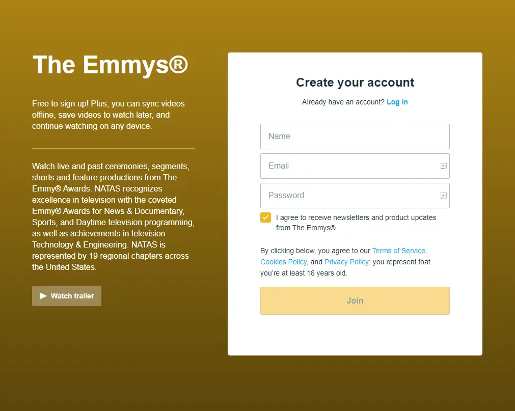 Create your account and select Join to watch The Emmys on Roku