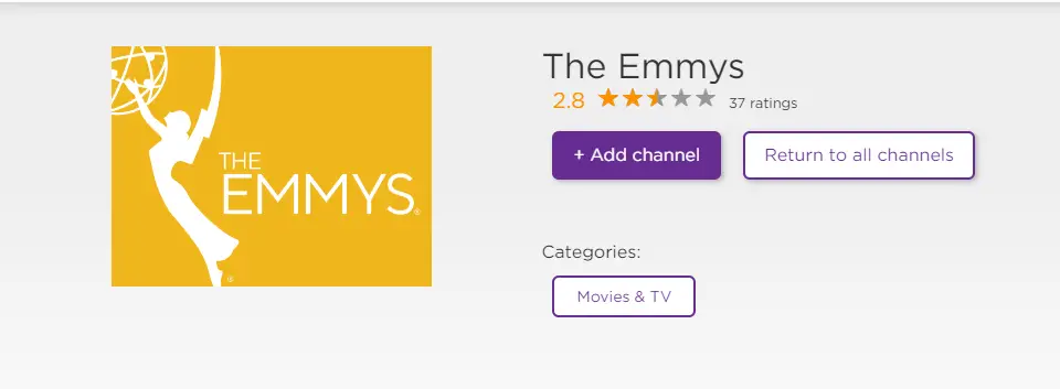 Select Add channel to watch Primetime Emmy Awards on Roku 