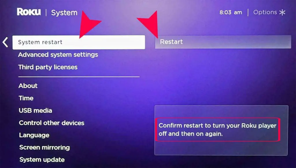 Select System restart and choose Restart to solve AirPlay not working on Roku