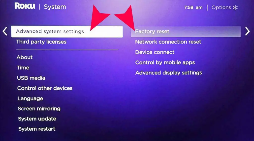 Select Advanced system settings and choose Factory reset 