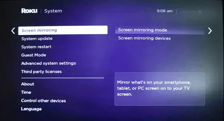 Select Screen Mirroring mode