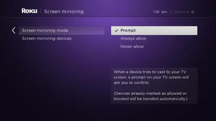 Select either Prompt or Always Allow to stream Facebook on Roku