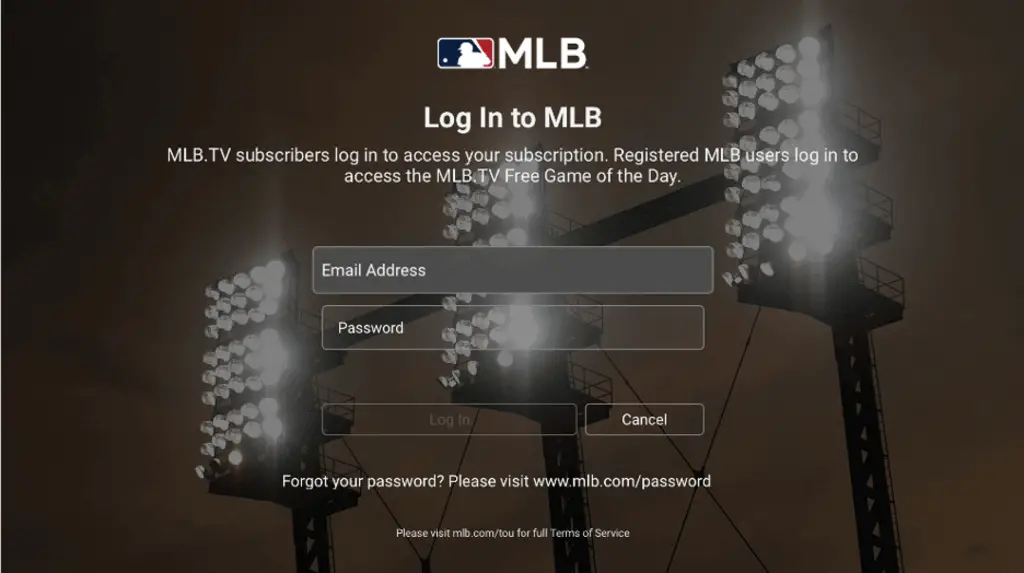 Login to the MLB TV app