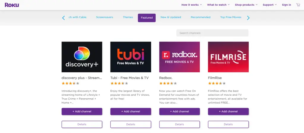 Roku Channel Store Web page