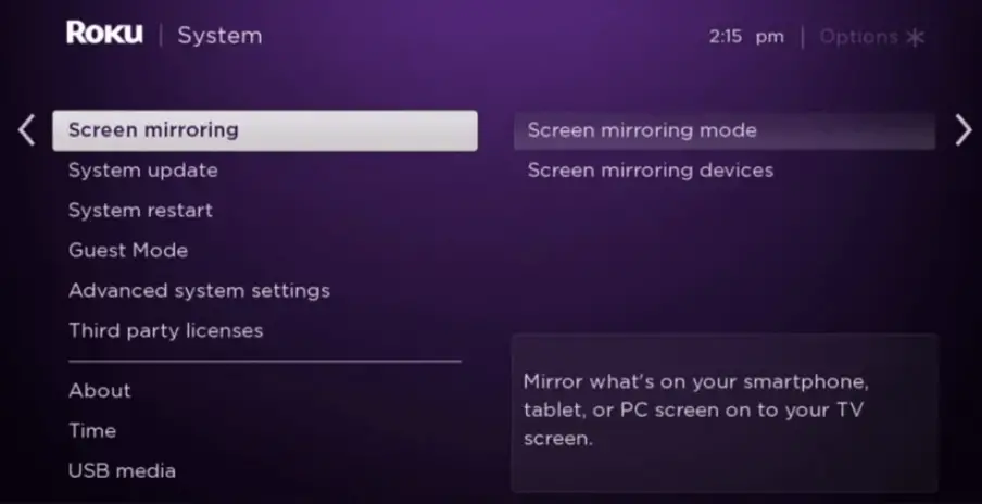 Select Screen mirroring to stream Fios TV on Roku