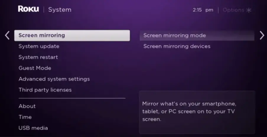 Select Screen mirroring to stream MSG Go on Roku