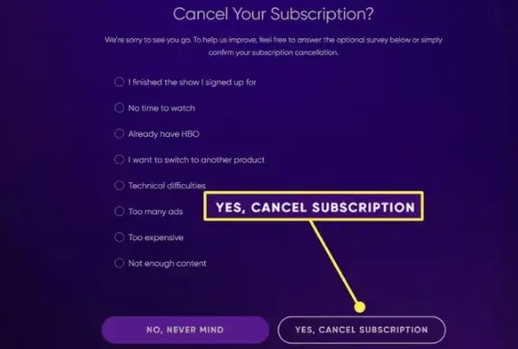 Select Yes, Cancel Subscriptions to cancel HBO Max subscription on Roku