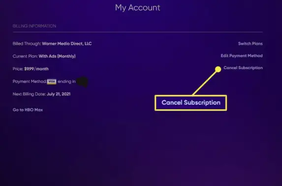 Select Cancel Subscriptions to cancel HBO Max subscription on Roku