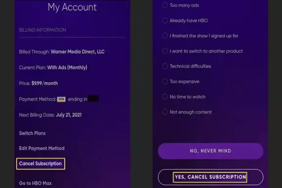Select Cancel Subscriptions to cancel HBO Max subscription on Roku
