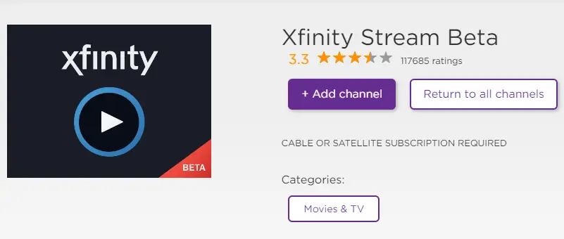 Select Add Channel to stream Xfinity Stream on Roku