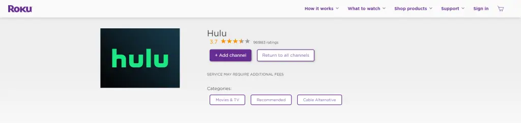 Adding Hulu to Roku using the website