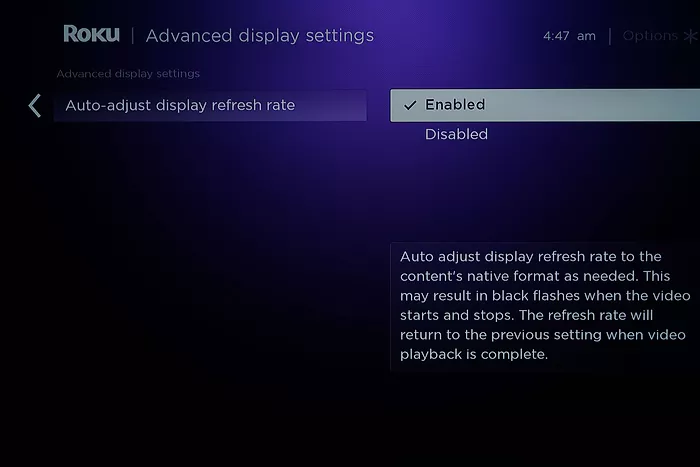 Disable display refresh rate to fix the Roku error code 020 issue