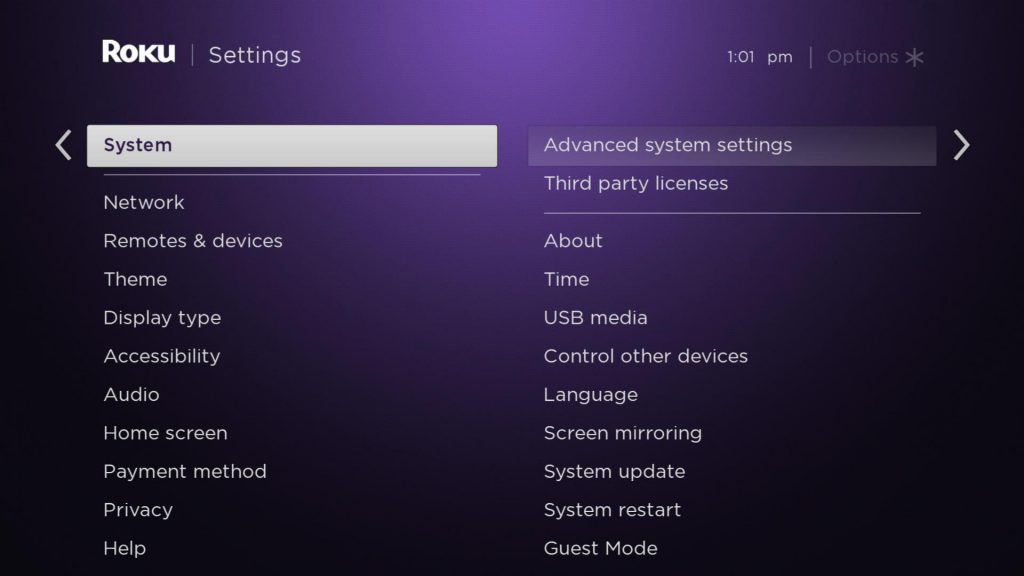 Select Advanced System Settings to fix Spotify not working on Roku