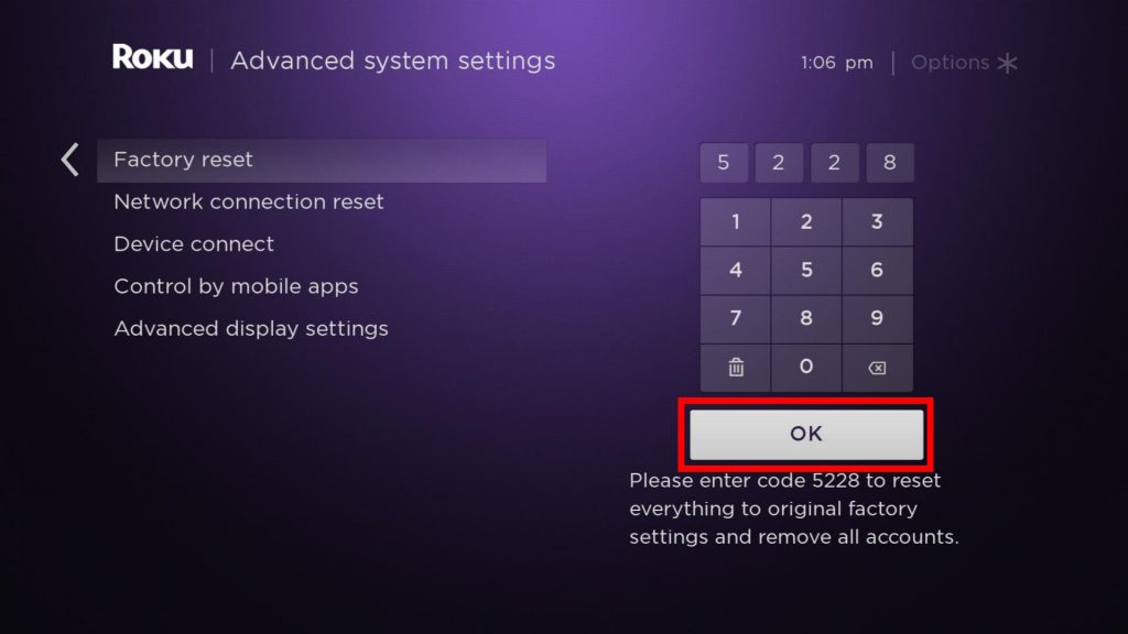 Select the OK button to fix Sportify not working on Roku