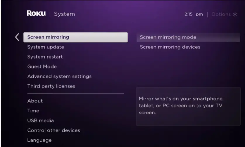 Select the Screen mirroring mode
