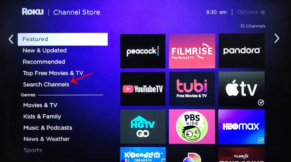 Select Search Channels - Google Play on Roku