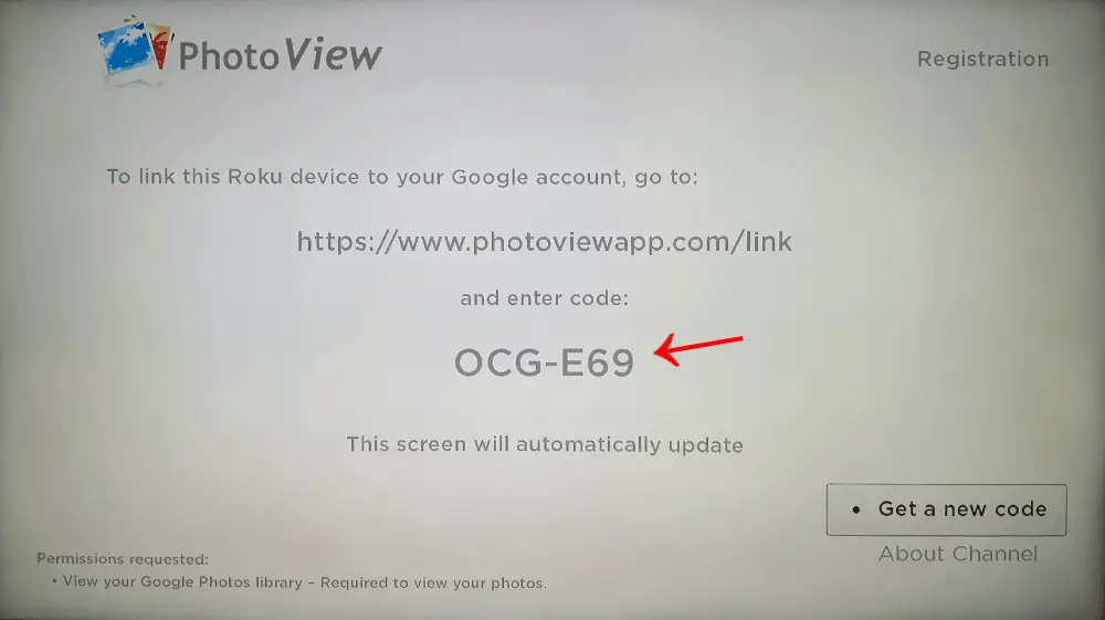 Note down the code - Google Play on Roku