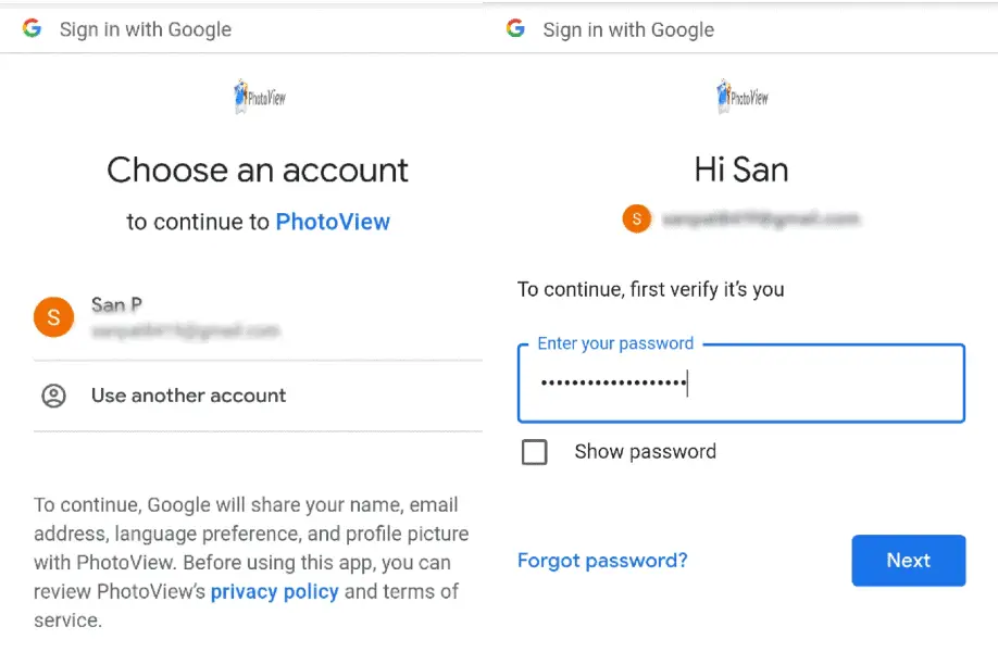 Sign in to google account