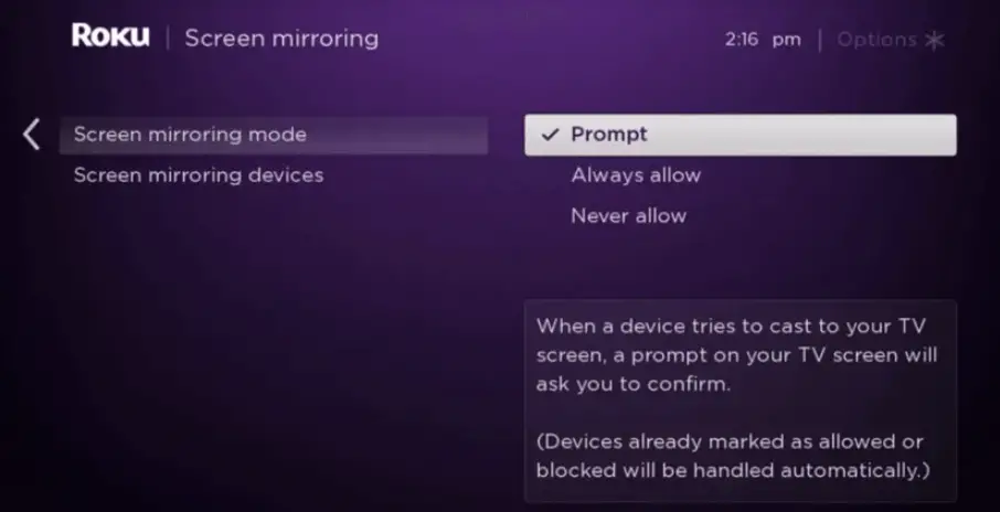 Select Screen mirroring mode