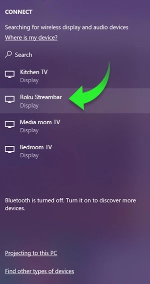 Select your Roku device for screen mirroring