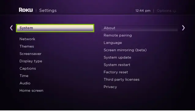 Select System - Change Roku Account