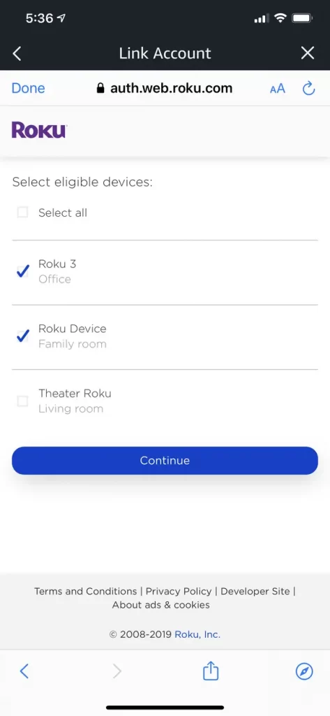 Select Continue - Use Alexa on Roku