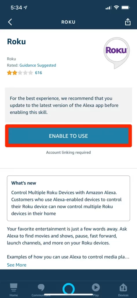 Select Enable to Use - Alexa on Roku