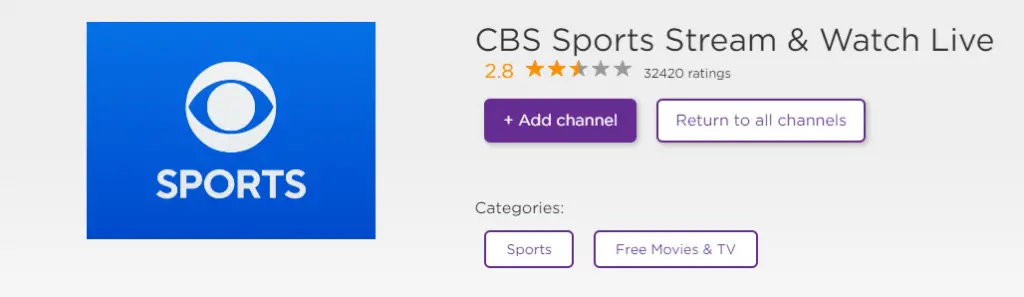 Click on the Add Channel button - Add CBS Sports on Roku
