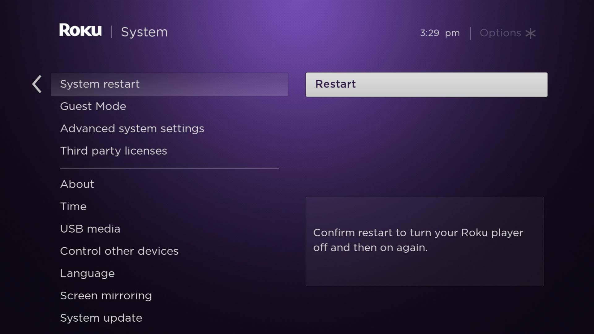 Select Restart to fix Roku Zoomed In