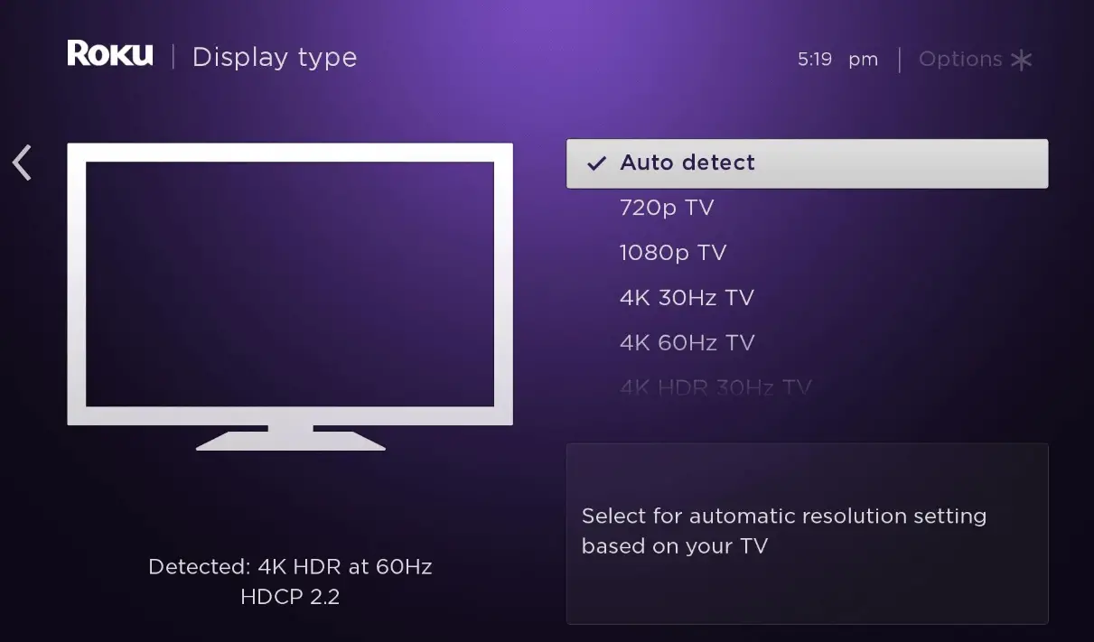 Select Auto detect to fix Roku Zoomed In