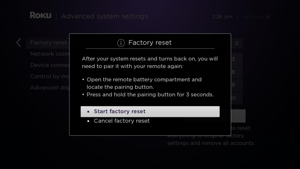 Select Start factory reset - Create Roku account without Credit Card