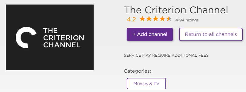 Select Add Channel to stream Criterion on Roku