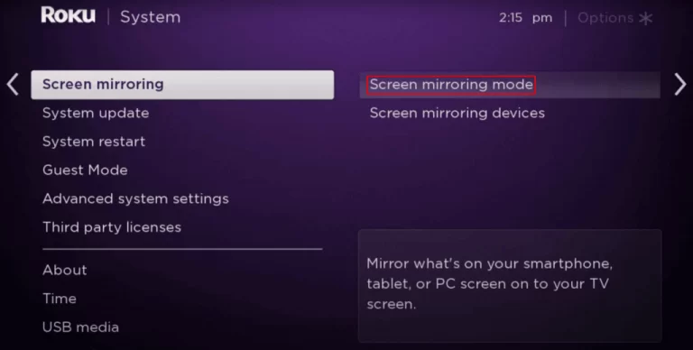 Screen mirroring mode NFLbite on Roku