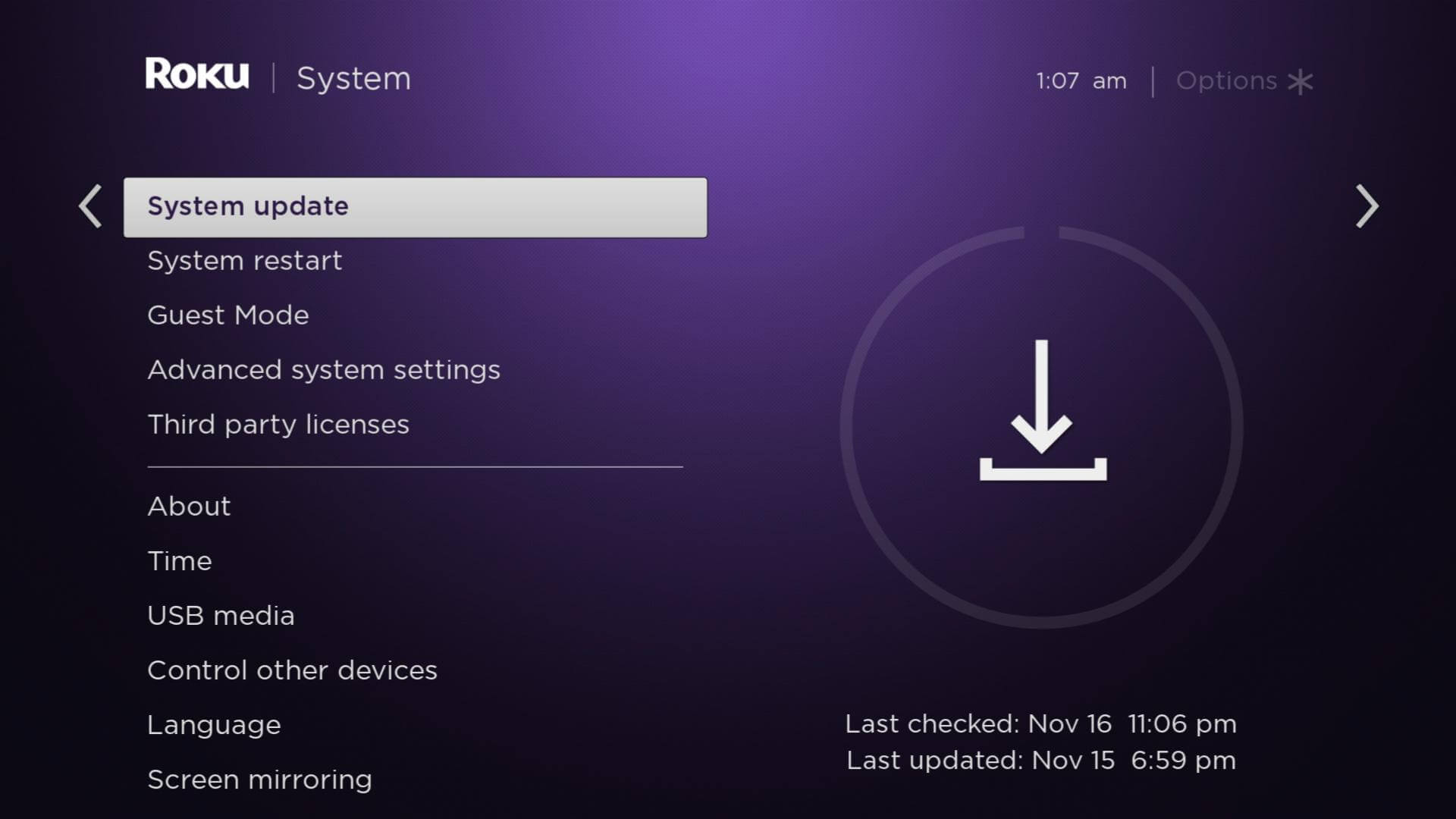 Select System Update - Roku Not Enough Space
